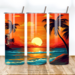 This photo shows the front, back, and side of beach sunset tumbler with golden tones and palm trees sitting on a table.